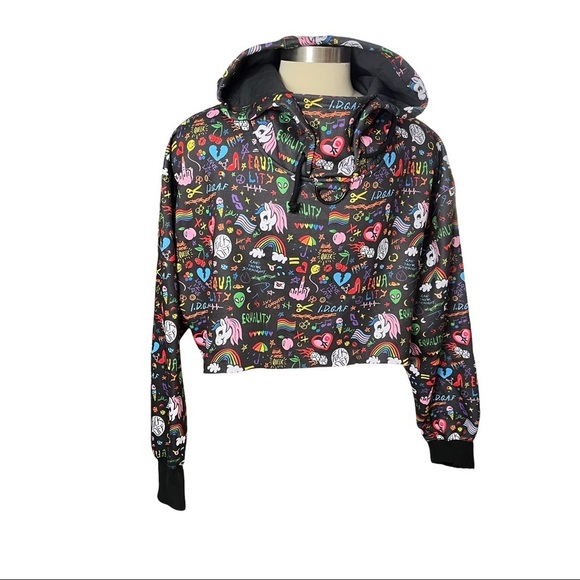 Dolls Kill Tops - Dolls Kill Club EX Women Black Graphic Print Crop Hi-Lo Hoodie Sweatshirt Sz 3XL